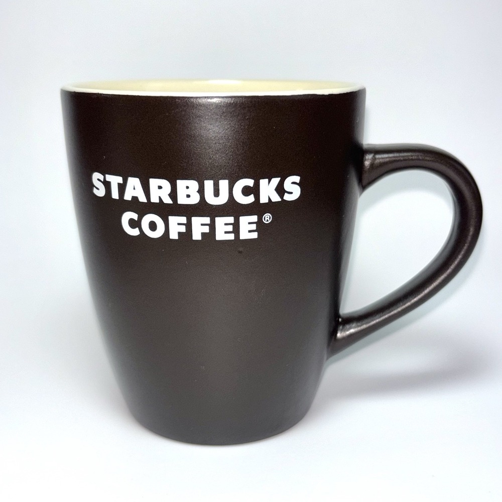 Starbucks Brown Matte Ceramic Coffee Mug 2008 12 Oz White Lettering Ivory Inside
